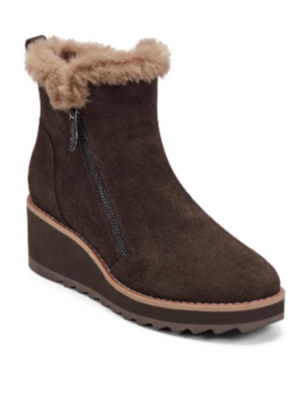 Easy Spirit Jane Cozy Side Zip Wedge Booties- Deep Mocha Suede